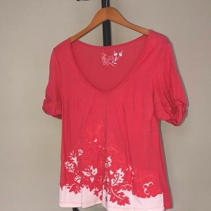 Anthropologie Pink Embroidered Short Sleeve Top